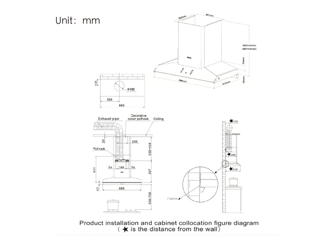 Fotile 90cm Stainless Steel Wall Mounted Rangehood - Adjustable Smart Suction Plate EMG9030