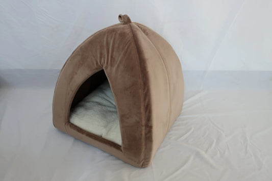 Cozy Triangle Pet Tent Bed - Soft Brown Velvet Hideaway