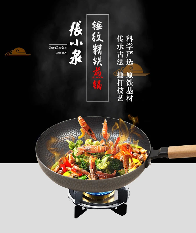 Hammered Premium Iron Fry Pan with Wooden Handle 28cm