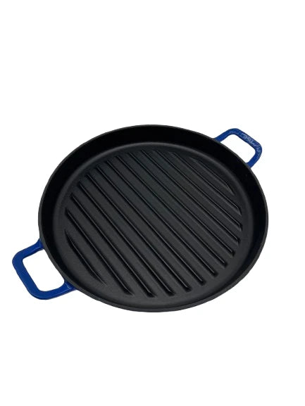Premium 12" Cast Iron Round Grill Pan 30cm Blue