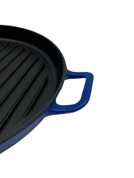 Premium 12" Cast Iron Round Grill Pan 30cm Blue