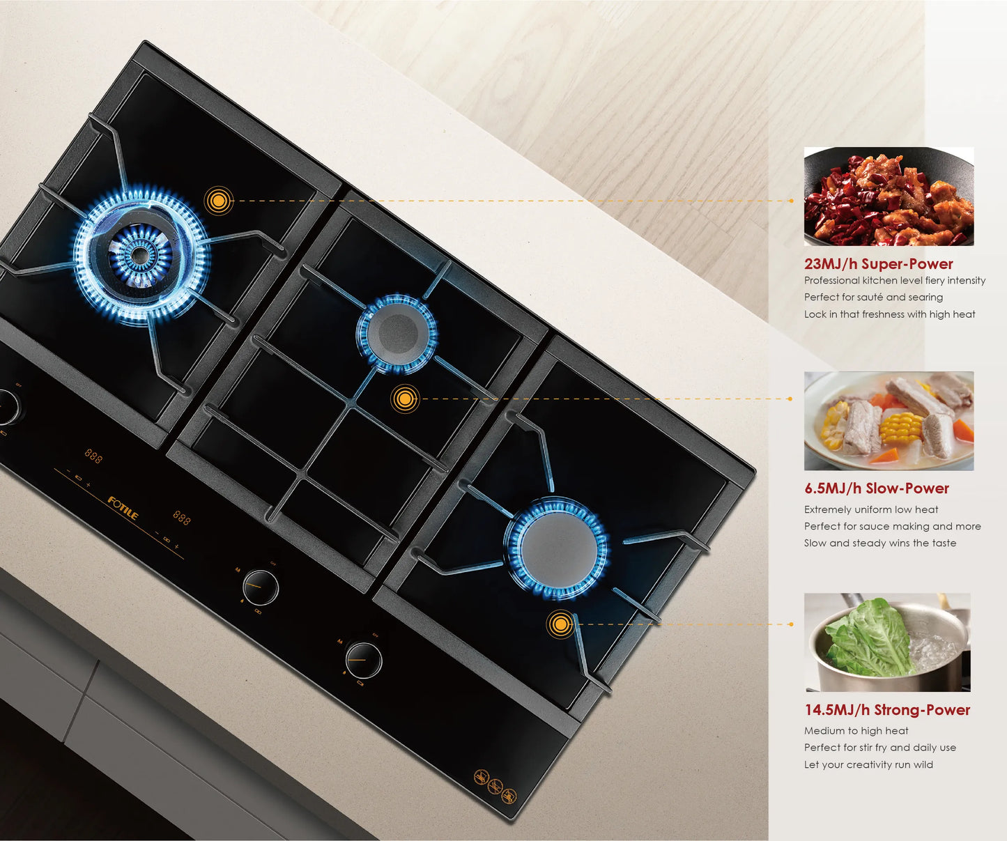 FOTILE 90cm 3 Burner Gas Cooktop - Matt Tempered Glass Panel GLG90305-Y
