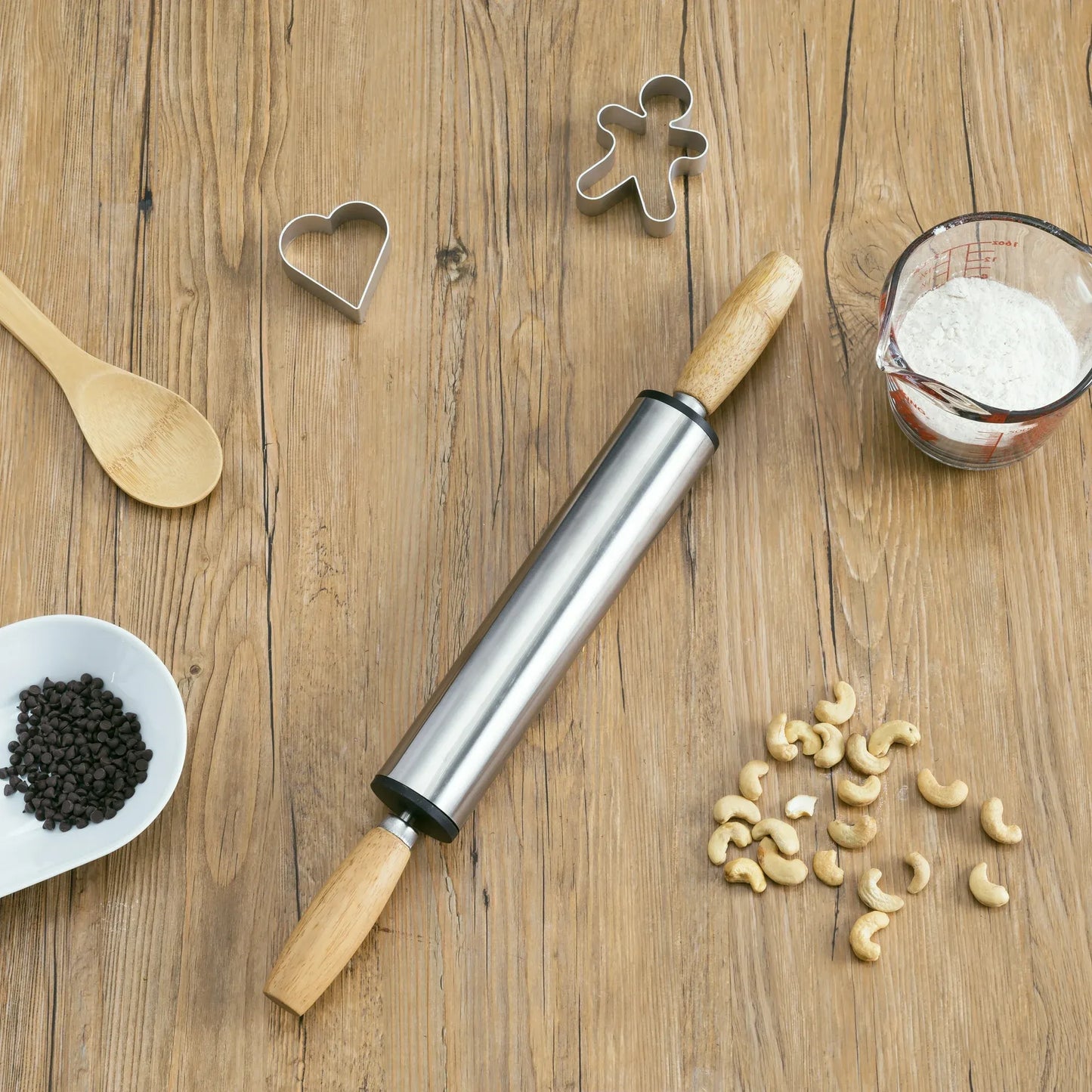 STAINLESS STEEL ROLLING PIN WITH WOODEN HANDLES