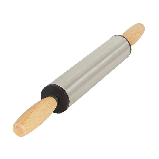 STAINLESS STEEL ROLLING PIN WITH WOODEN HANDLES