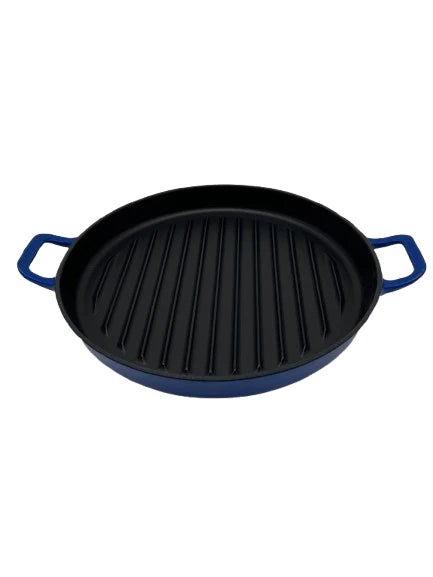 Premium 12" Cast Iron Round Grill Pan 30cm Blue